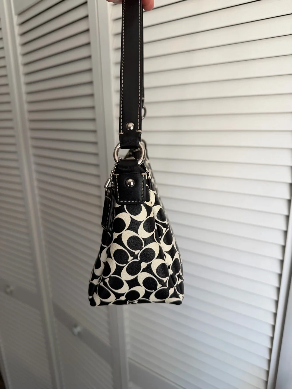 Y2K Coach Signature Print Small Shoulder Bag Black White Leather